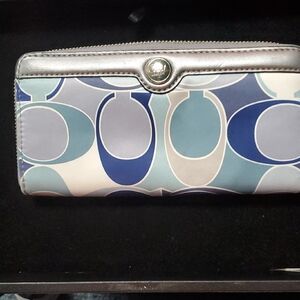 Coach Multi-Blue Signature Print Wallet with Silver Accent